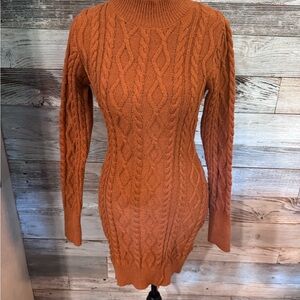 SHEIN Rust Long Sleeve Cable Knit Dress